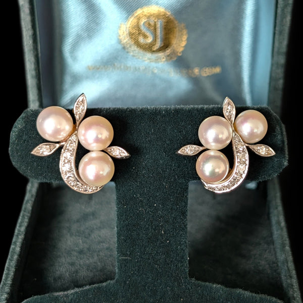 1950s Vintage Diamonds Pearls 14k & 10k White Gold Earrings Retro Clips Estate