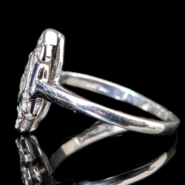 Art Deco Diamonds Lab Sapphires 14k White Gold Platinum Top Ring Vintage