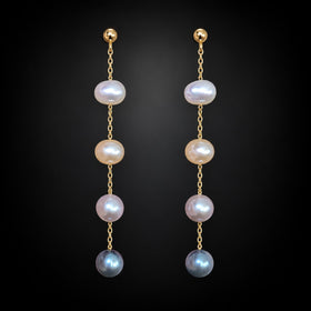 EFFY 14k NWT Yellow Gold Multi Color Freshwater Pearls Drop Earrings 2.1 in Long
