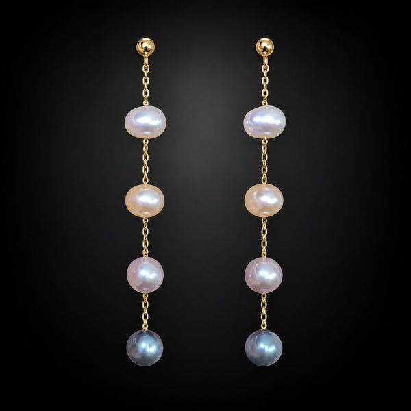 EFFY 14k NWT Yellow Gold Multi Color Freshwater Pearls Drop Earrings 2.1 in Long
