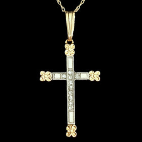 Vintage Diamond 14k Yellow & White Gold Cross Pendant 10k Chain Flower Necklace