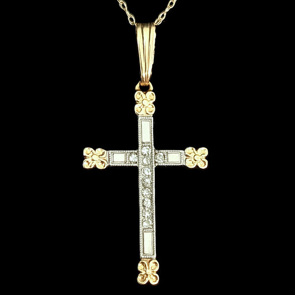Vintage Diamond 14k Yellow & White Gold Cross Pendant 10k Chain Flower Necklace