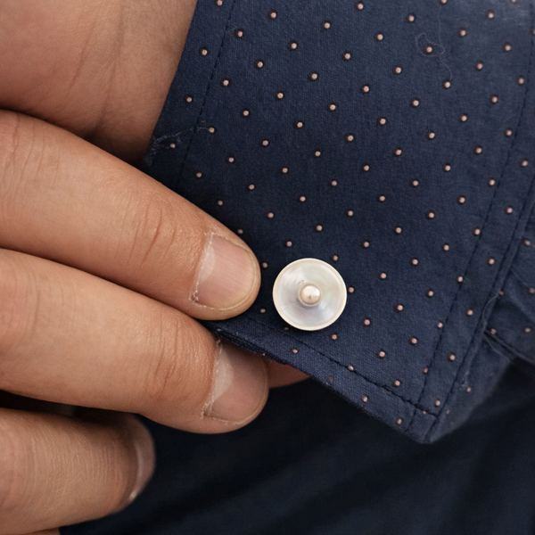 Fine Vintage 14K Gold Mother of Pearl Cufflinks w/ Pearl Accents Whale Back  on blue shirt