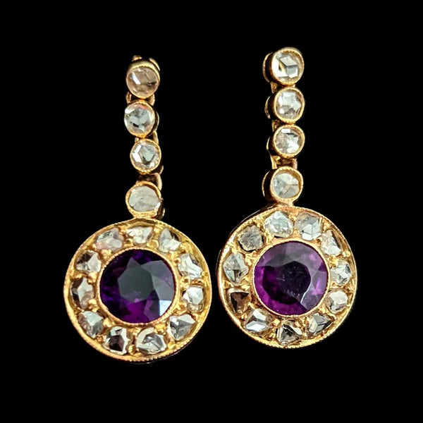 Estate Rose Cut Diamond Gemstone 14k Yellow Gold Earrings Drops Dangle Vintage