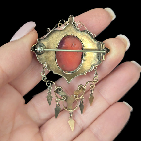 Antique c.1800s Coral 10k Yellow Gold Cameo Brooch Pin Grecian Victorian Estate