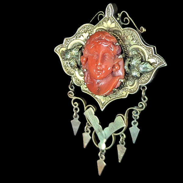 Antique c.1800s Coral 10k Yellow Gold Cameo Brooch Pin Grecian Victorian Estate