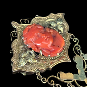 Antique c.1800s Coral 10k Yellow Gold Cameo Brooch Pin Grecian Victorian Estate