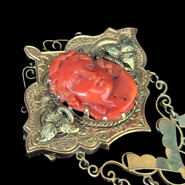 Antique c.1800s Coral 10k Yellow Gold Cameo Brooch Pin Grecian Victorian Estate