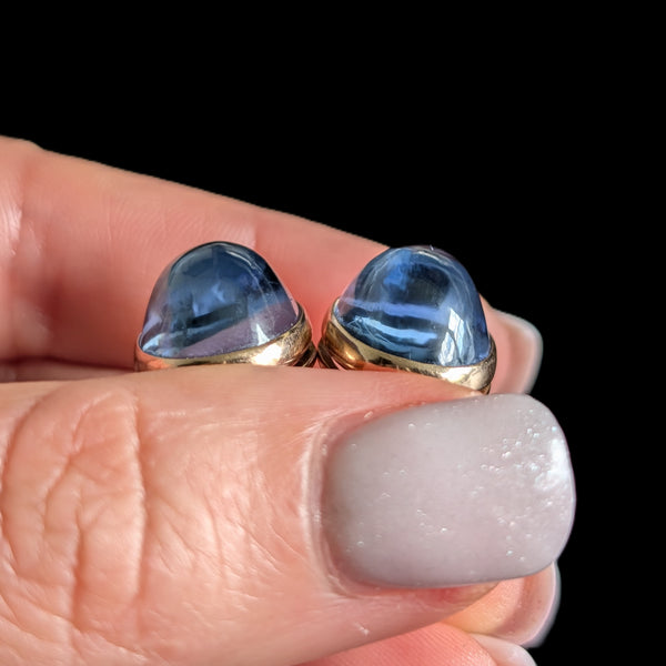 Vintage Lab Created Cabochon Cut Sapphires 14k Yellow Gold Earrings Soviet Hallmarks