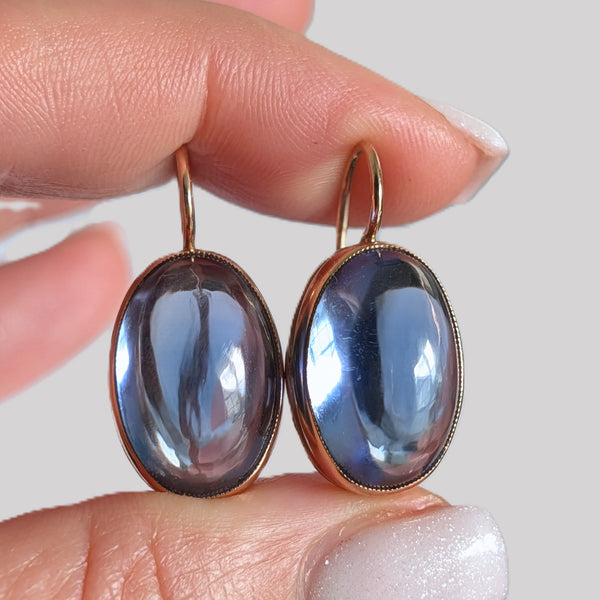 Vintage Lab Created Cabochon Cut Sapphires 14k Yellow Gold Earrings Soviet Hallmarks
