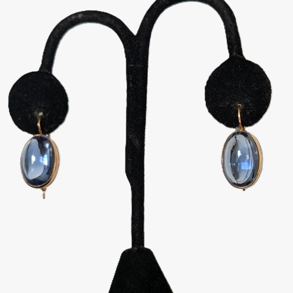 Vintage Lab Created Cabochon Cut Sapphires 14k Yellow Gold Earrings Soviet Hallmarks
