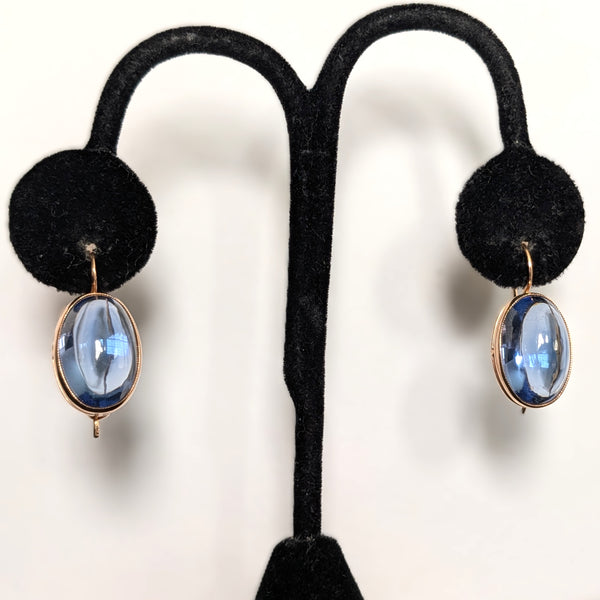 Vintage Lab Created Cabochon Cut Sapphires 14k Yellow Gold Earrings Soviet Hallmarks