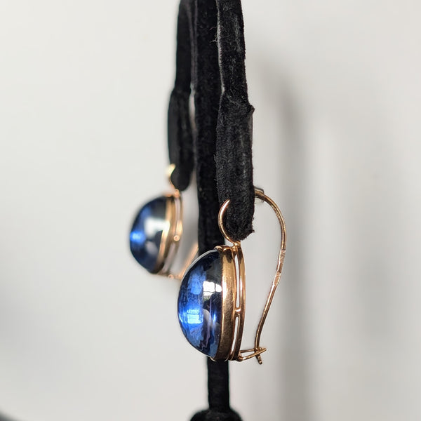 Vintage Lab Created Cabochon Cut Sapphires 14k Yellow Gold Earrings Soviet Hallmarks