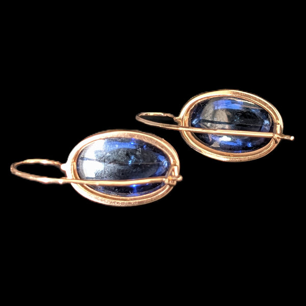 Vintage Lab Created Cabochon Cut Sapphires 14k Yellow Gold Earrings Soviet Hallmarks
