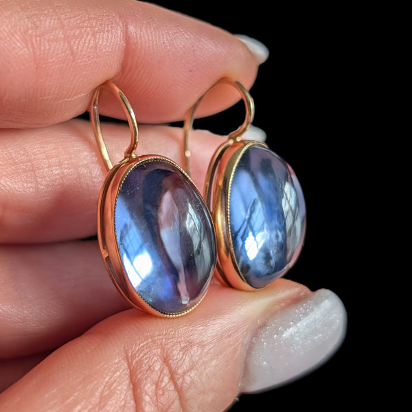 Vintage Lab Created Cabochon Cut Sapphires 14k Yellow Gold Earrings Soviet Hallmarks