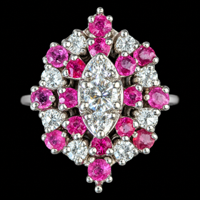 Vintage Diamonds Gemstones 14k White Gold Cluster Navette Ring Estate Jewelry