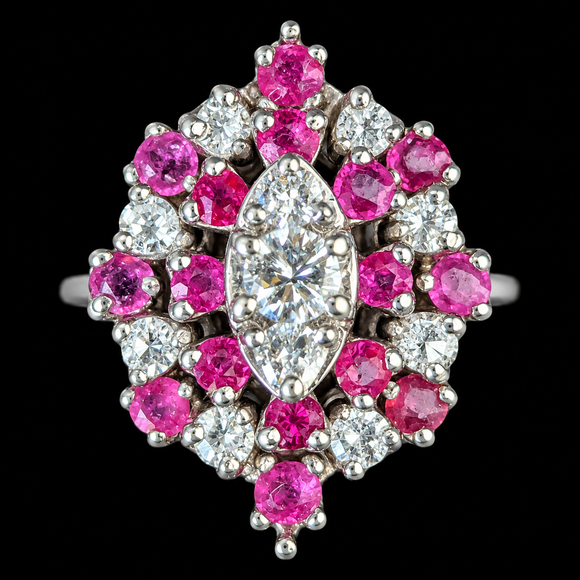 Vintage Diamonds Gemstones 14k White Gold Cluster Navette Ring Estate Jewelry