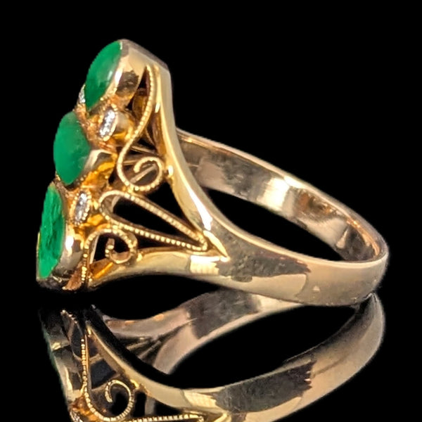Aversa - Vintage Carved Jade Diamonds 14k Yellow Gold Cocktail Ring