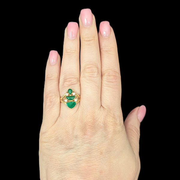 Aversa - Vintage Carved Jade Diamonds 14k Yellow Gold Cocktail Ring