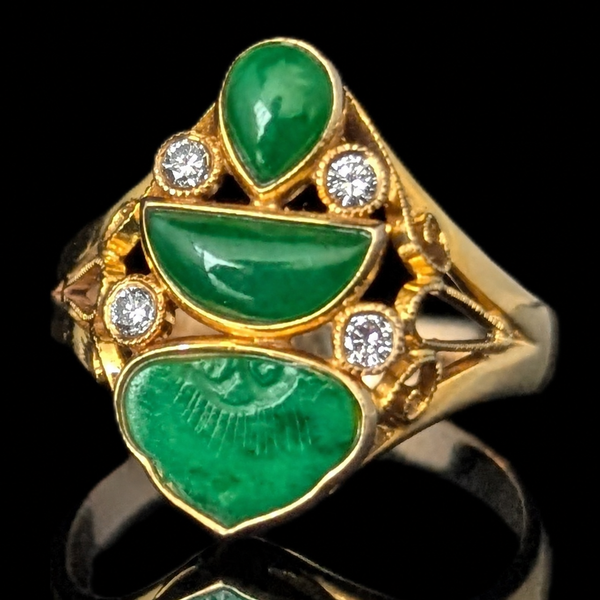 Aversa - Vintage Carved Jade Diamonds 14k Yellow Gold Cocktail Ring