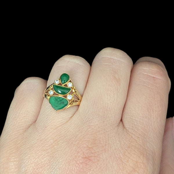 Aversa - Vintage Carved Jade Diamonds 14k Yellow Gold Cocktail Ring