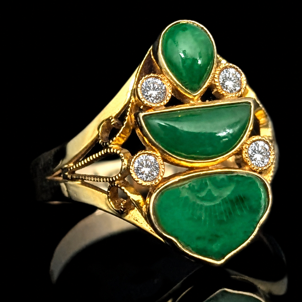 Aversa - Vintage Carved Jade Diamonds 14k Yellow Gold Cocktail Ring