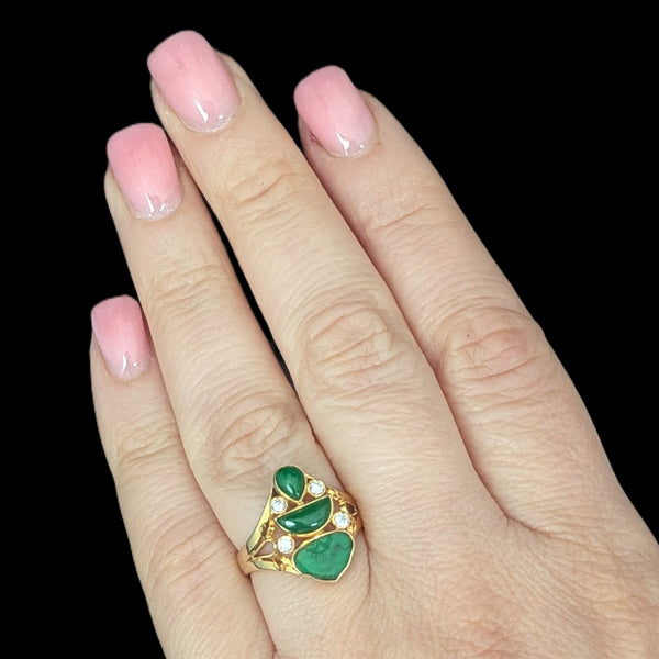 Aversa - Vintage Carved Jade Diamonds 14k Yellow Gold Cocktail Ring