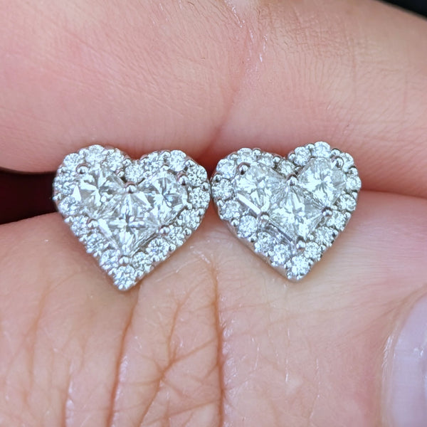 Estate Natural Diamonds 14k White Gold Heart Earrings Stud Caliber Cut Gift 