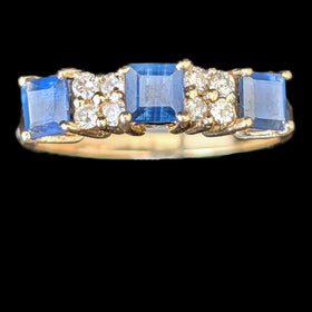 Vintage Princess Cut Sapphires Diamonds 14k Yellow Gold Ring Band Estate Gift