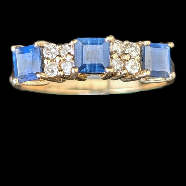Vintage Princess Cut Sapphires Diamonds 14k Yellow Gold Ring Band Estate Gift