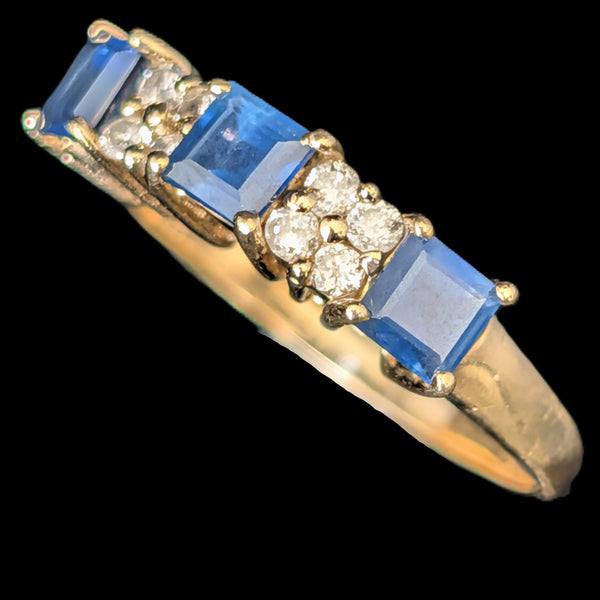 Vintage Princess Cut Sapphires Diamonds 14k Yellow Gold Ring Band Estate Gift