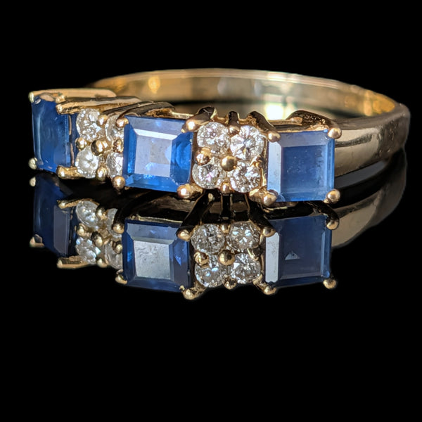 Vintage Princess Cut Sapphires Diamonds 14k Yellow Gold Ring Band Estate Gift