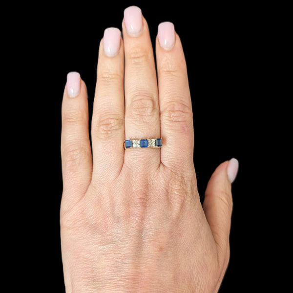 Vintage Princess Cut Sapphires Diamonds 14k Yellow Gold Ring Band Estate Gift