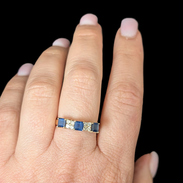 Vintage Princess Cut Sapphires Diamonds 14k Yellow Gold Ring Band Estate Gift