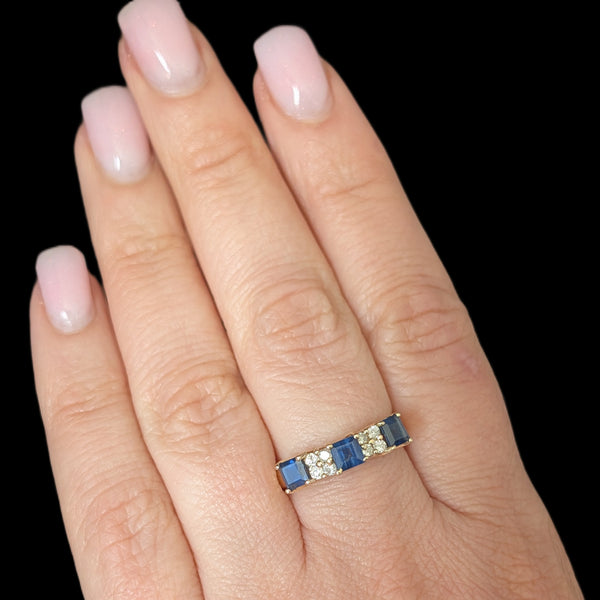 Vintage Princess Cut Sapphires Diamonds 14k Yellow Gold Ring Band Estate Gift