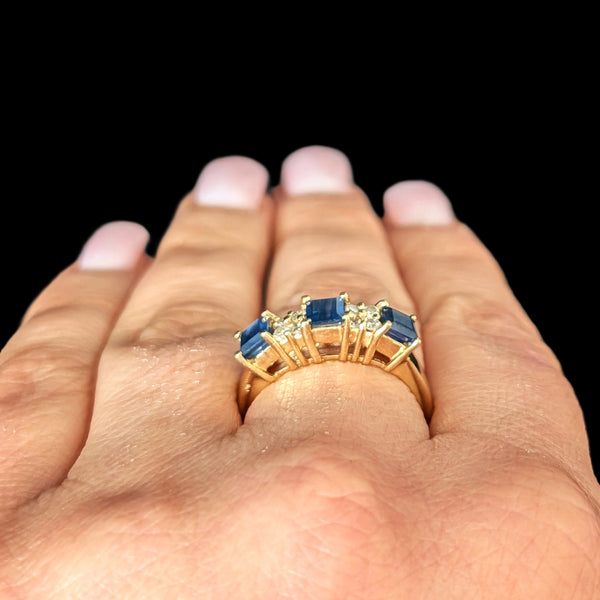 Vintage Princess Cut Sapphires Diamonds 14k Yellow Gold Ring Band Estate Gift