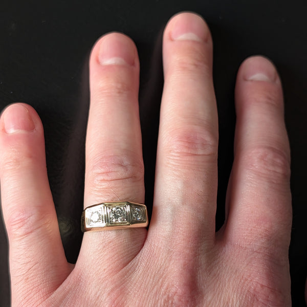 Mens Vintage Three Diamond Ring 14K Yellow Gold Retro Mid Century Signet Estate