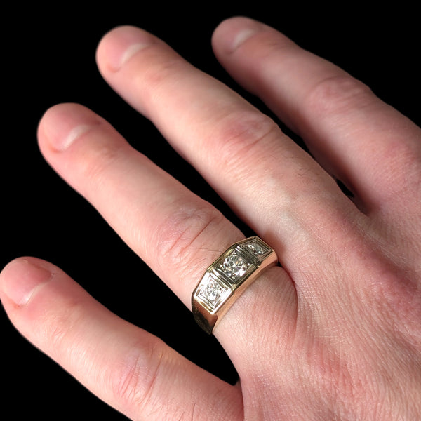 Mens Vintage Three Diamond Ring 14K Yellow Gold Retro Mid Century Signet Estate