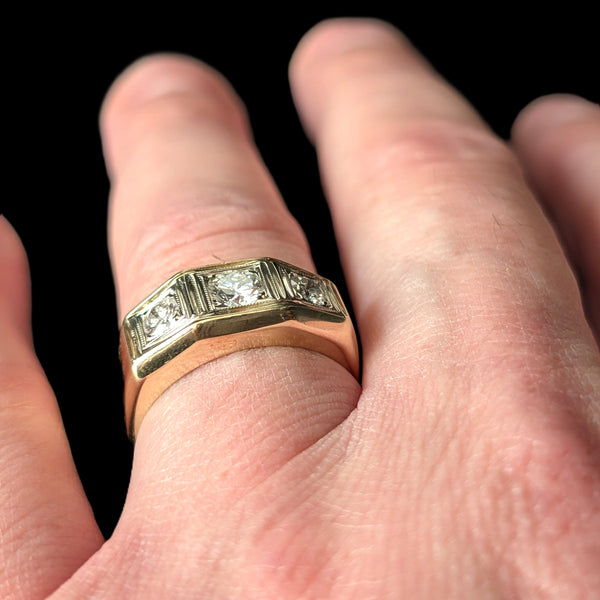 Mens Vintage Three Diamond Ring 14K Yellow Gold Retro Mid Century Signet Estate