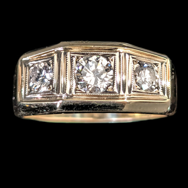 Mens Vintage Three Diamond Ring 14K Yellow Gold Retro Mid Century Signet Estate