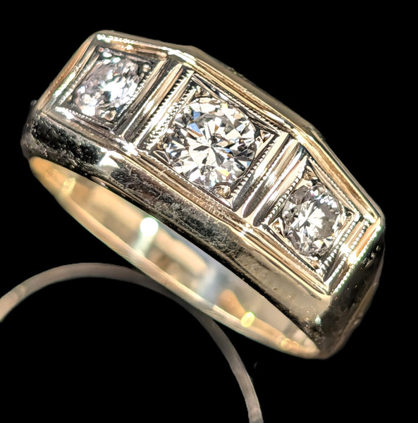 Mens Vintage Three Diamond Ring 14K Yellow Gold Retro Mid Century Signet Estate