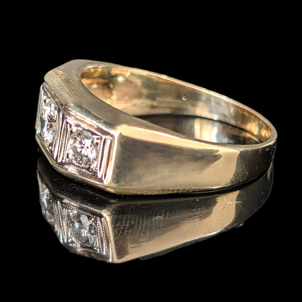 Mens Vintage Three Diamond Ring 14K Yellow Gold Retro Mid Century Signet Estate