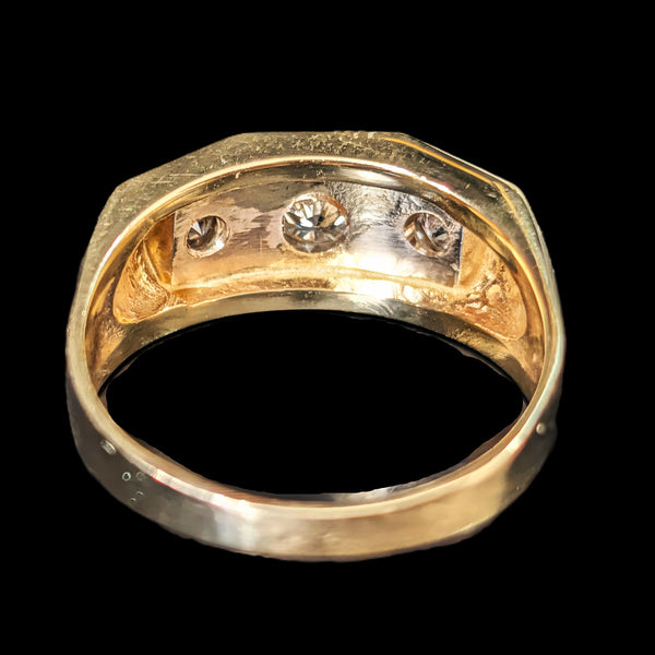 Mens Vintage Three Diamond Ring 14K Yellow Gold Retro Mid Century Signet Estate