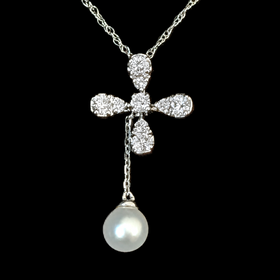 Estate Diamonds Pearl Drop Necklace 14k White Gold Pendant Chain Articulated 