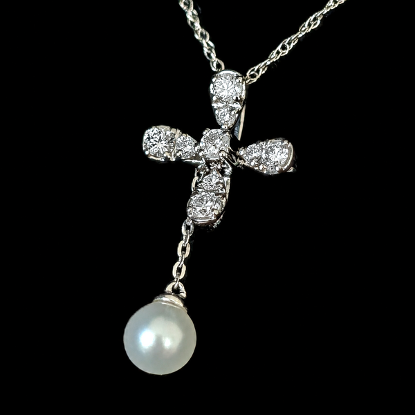 Estate Diamonds Pearl Drop Necklace 14k White Gold Pendant Chain Articulated 