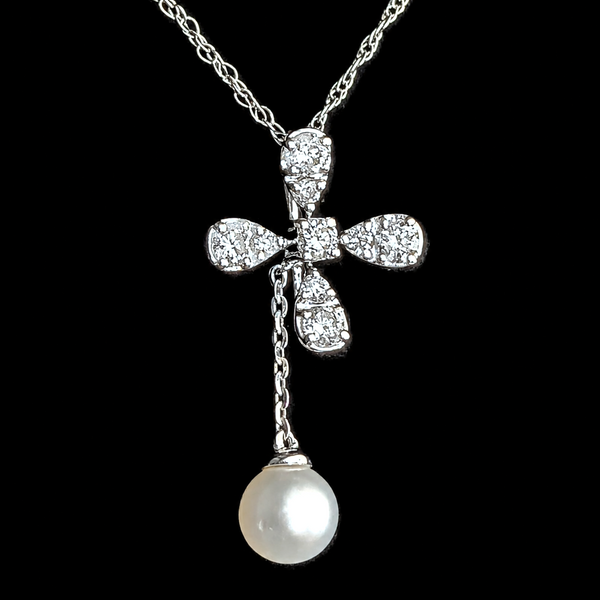 Estate Diamonds Pearl Drop Necklace 14k White Gold Pendant Chain Articulated 