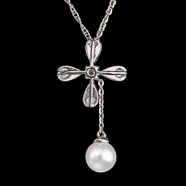 Estate Diamonds Pearl Drop Necklace 14k White Gold Pendant Chain Articulated 