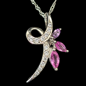 MICHELLE ALBALA Pink Sapphires Diamonds 18k white Gold Necklace Pendant Vintage