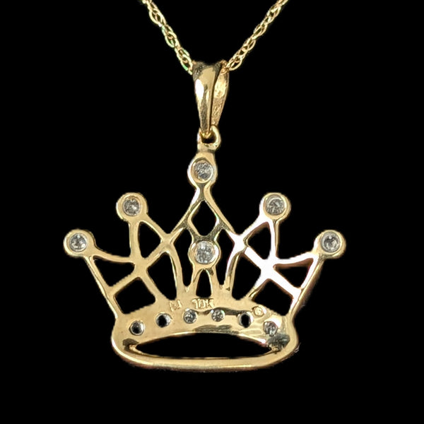 Vintage Diamond 10k Yellow Gold Crown Pendant on Chain Necklace Tiara