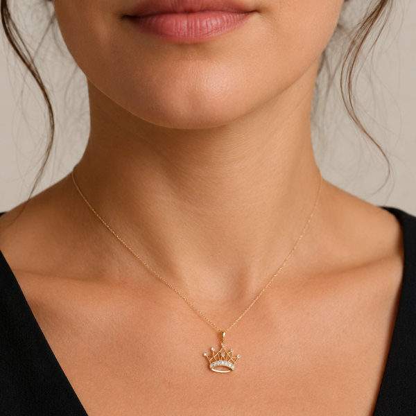 Vintage Diamond 10k Yellow Gold Crown Pendant on Chain Necklace Tiara